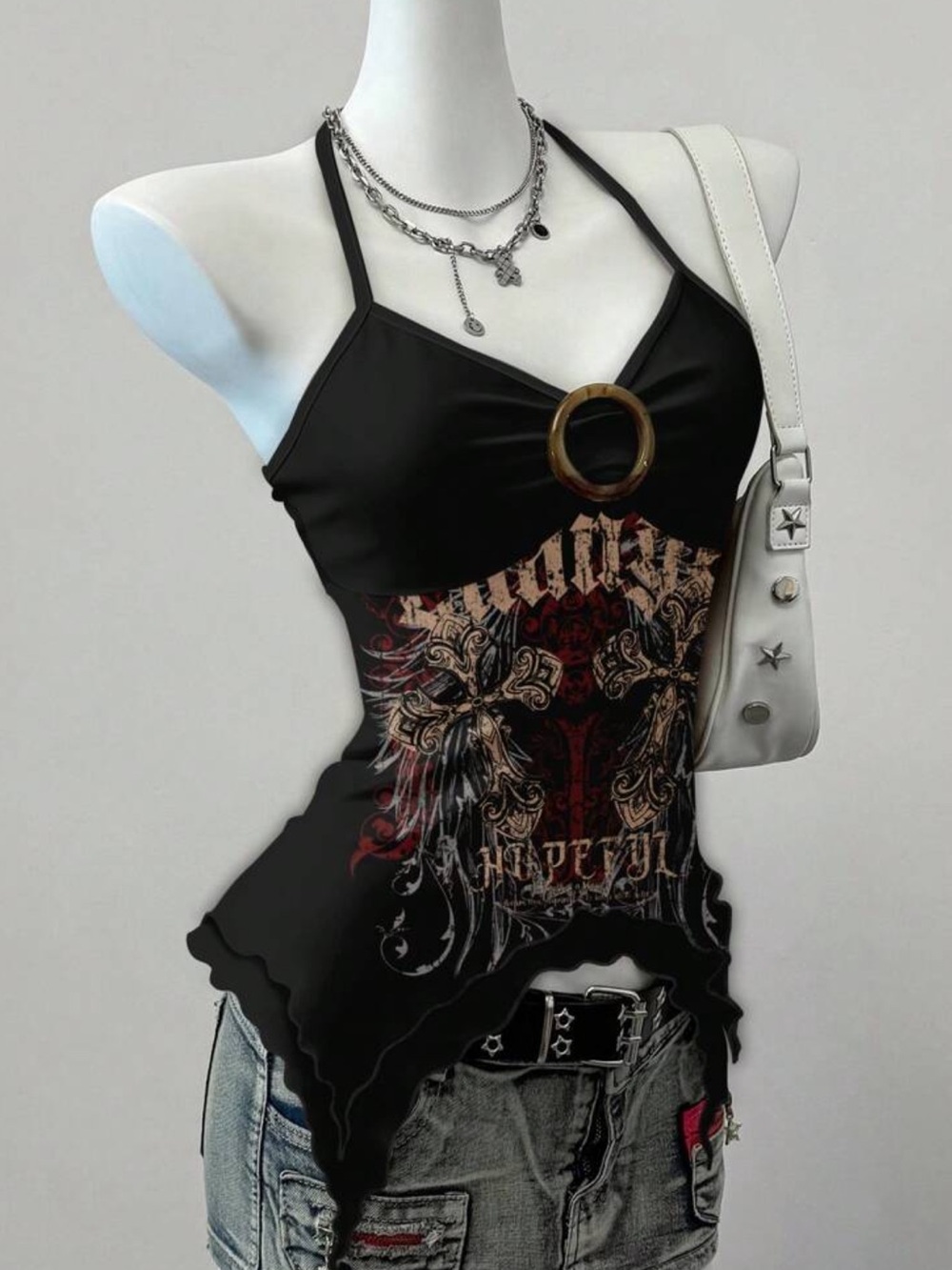 Black Graphic Halter Camisole with Decorative Ring